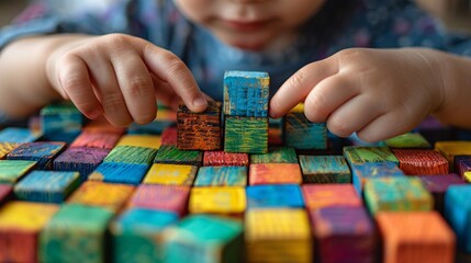 Fototapeta premium A close-up shot of a child's hands building a complex structure with colorful wooden blocks. The child's face is not visible, but their focused expression and the intricate design of the structure