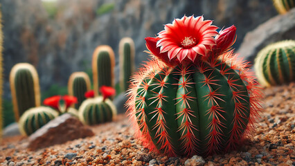 small barrel cactus with red flowers, with a background of a rocky terrain.