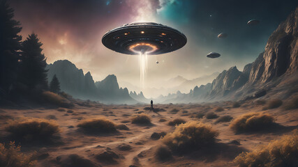 Create a surreal and mysterious UFO-themed photo that captures the awe and wonder of an alien encounter. The scene should evoke a sense of the unknown and otherworldly, with a blend of natural and art