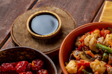 Traditional oriental dishes meat couscous stewed vegetables Muslim Friday meal