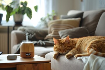 Pet Friendly Air Freshener Diffuser on a Side Table in Cozy Living Room with Sleeping Cat