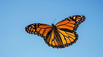Fototapeta premium beautiful monarch butterfly in mid-flight against a clear blue sky,