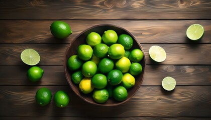 Bowl with fresh ripe limes on wooden background, top view
