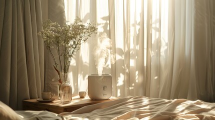 Tranquil Bedroom with Air Humidifier and Morning Light - Ideal for Relaxation and Interior Design