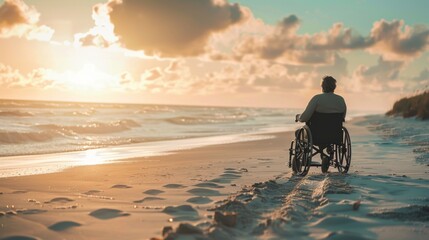 Freedom on the Shore: All-Terrain Wheelchair User Enjoys Serene Beach Sunset