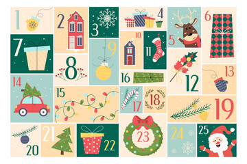 Hand-drawn Advent calendar for winter holidays. Christmas Advent Calendar. Vector illustration in cartoon style