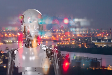 Advanced humanoid robot with holographic interface standing before a brightly lit industrial city...