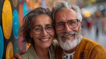 Smiling senior couple in glasses stand close together against a colorful background. They are happy and affectionate.
