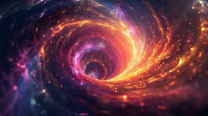 A swirling vortex of cosmic energy, with vibrant hues of pink, orange and blue.  The center glows with an intense light.