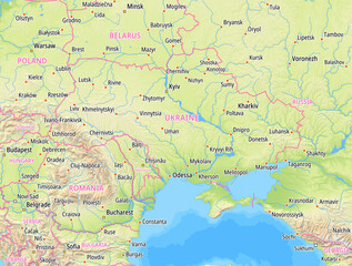 Map of Ukraine and surrounding countries with country names In English