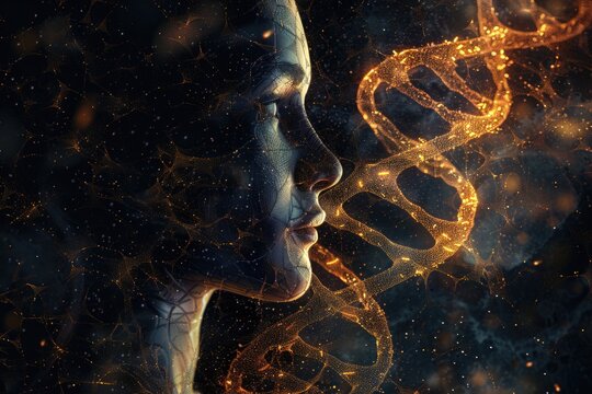 A woman's face is shown with a glowing DNA strand