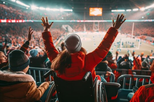 Wheelchair User Celebrating at a Sports Event With Enthusiastic Crowd in Stadium