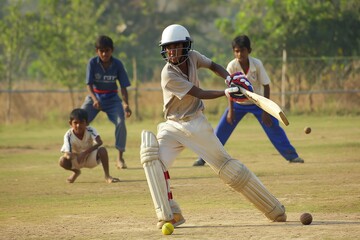 Obraz premium A young boy in India prepares to hit a cricket ball during a game.