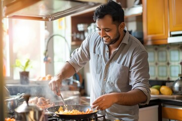 A smiling Indian dad prepares breakfast in his kitchen.
