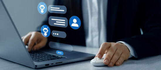 Customer service, helpdesk advice online chat support. Contact us for online support. Business person watching on virtual screen.