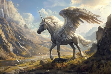 Fototapeta premium A unicorn with a white wing is walking through a grassy field