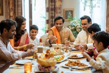 A modern Indian family enjoys a meal together at a dining table, surrounded by a beautifully decorated home.