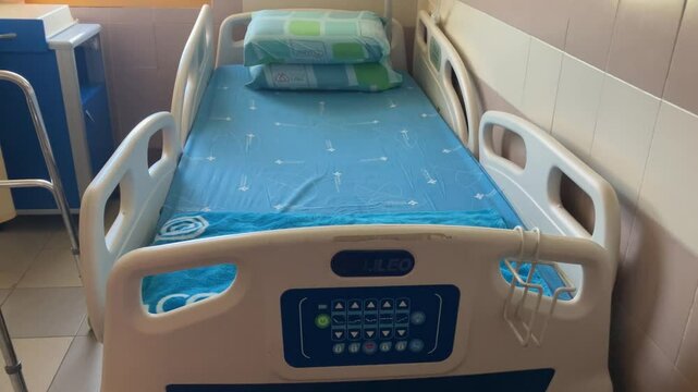 Medical bed, walker. Functional bed for bedridden patients. Hospital ward, rehabilitation center. 