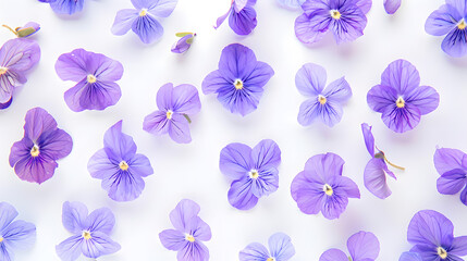 Fototapeta premium Panorama spring flowers pattern Flowers wild violets pattern on a white background Full Bloom trend Flat lay style : Generative AI