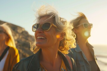 A group of smiling retired women enjoy a sunny day at the beach, laughing and looking out at the ocean.