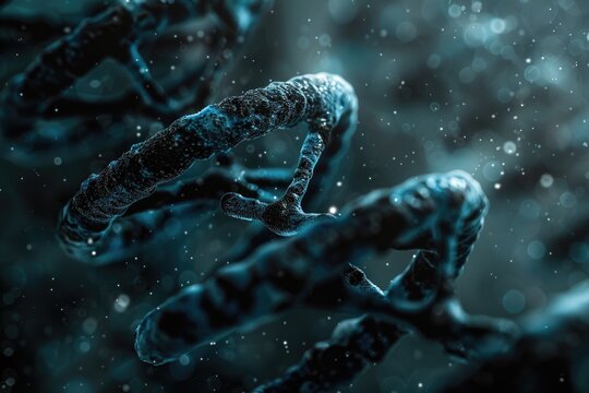 A close up of a strand of DNA with a blue background