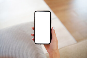 Hand holding empty white screen  smart phone isolated on white background