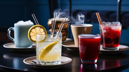 Several different drinks on table lemonade in glass slice of lemon and straws dark background indoors