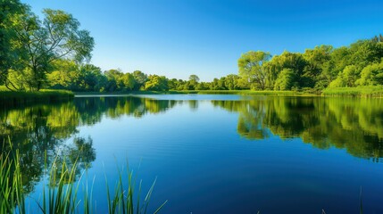 Calm lake reflecting the lush greenery and clear blue sky