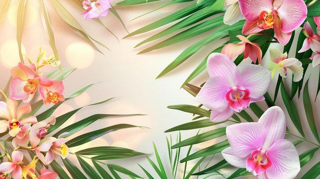 Tropical flower backdrop with bright orchids and palm leaves set on a light-colored background. This can be used as a summer party decoration.