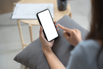 Asian woman with empty white screen  smart phone isolated on white background.