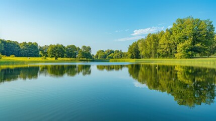 Fototapeta premium Calm lake reflecting the lush greenery and clear blue sky