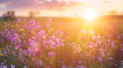 beautiful panorama rural landscape with sunrise  and  blossoming meadow purple flowers flowering on spring field wild flowers blooming on sunset summer panoramic view : Generative AI