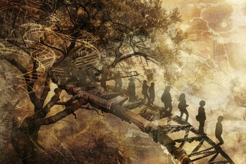 A group of people are walking across a bridge