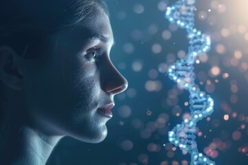 Obraz premium A woman's face is shown with a DNA strand in the background