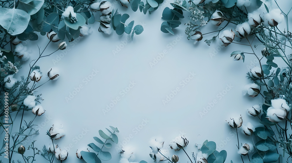 Poster flowers composition frame made of fresh eucalyptus branches and cotton flowers flat lay top view cop