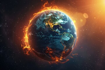 Fototapeta premium A close up of the Earth with a bright orange sun in the background