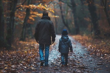 A man and a child are walking together in a forest