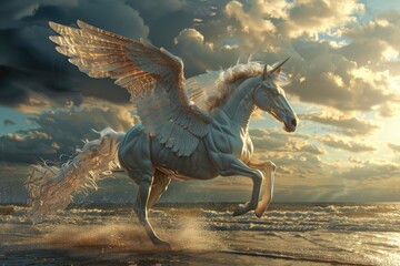 Fototapeta premium A white horse with a wing on its back is running on a beach