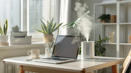 Fototapeta premium Minimalist Workspace with Air Humidifier, Laptop, and Green Plants for a Serene Environment