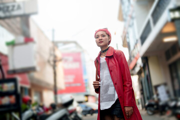 Asian stylish woman Traveling in the city of asia.