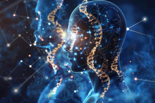 A blue and yellow head with a DNA strand in the middle