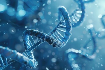 A close-up image of a DNA strand, rendered in a vibrant blue hue, with a blurred background of light blue and white particles