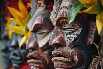 Naklejka premium Close-up of intricately carved wooden masks, decorated with vibrant tropical foliage