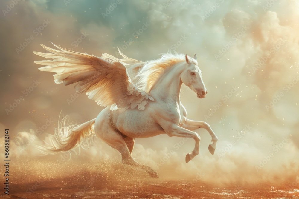 Wall mural A majestic white Pegasus with large, feathery wings takes flight against a backdrop of golden clouds