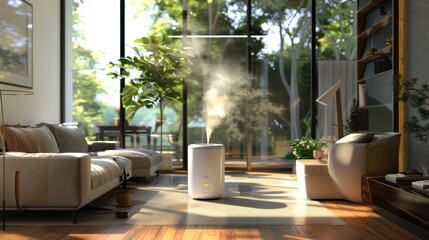 Fototapeta premium Modern Air Humidifier Enhancing Comfort in a Bright, Stylish Open-Plan Living Room