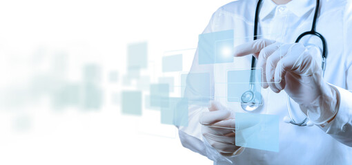 A doctor in white gloves and coat interacting with a virtual medical screen. This represents the integration of digital technology in healthcare for improved patient diagnostics and treatment.