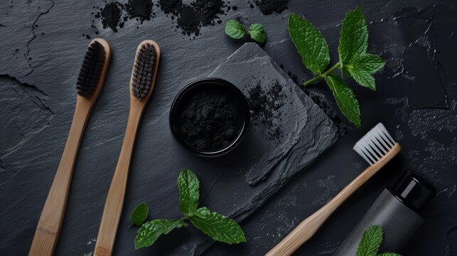 Flat Lay of Activated Charcoal Toothpaste, Elegant Bamboo Brushes, and Fresh Mint Elements