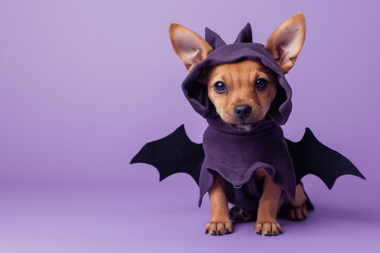 Petite dog is adorned in bat outfit for Halloween showcasing delightful and festive appearance Perfect for visual content related to Halloween festivities,whimsical appeal of animals in festive attire