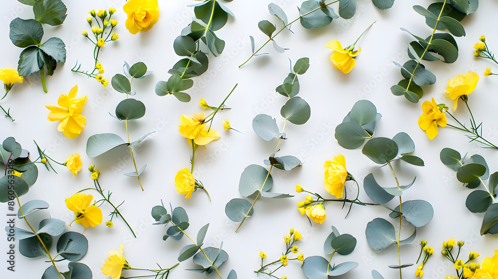 Poster Flowers composition Pattern made of yellow flowers and eucalyptus branches on white background Flat lay top view copy space : Generative AI