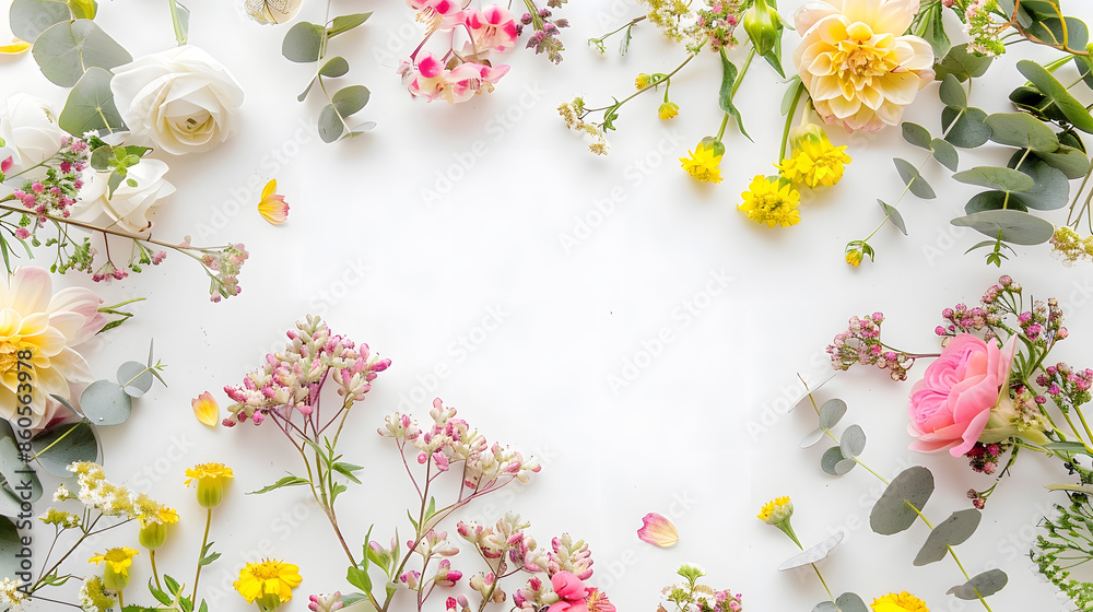 Poster flowers composition round frame made of yellow and pink flowers eucalyptus branches on white backgro